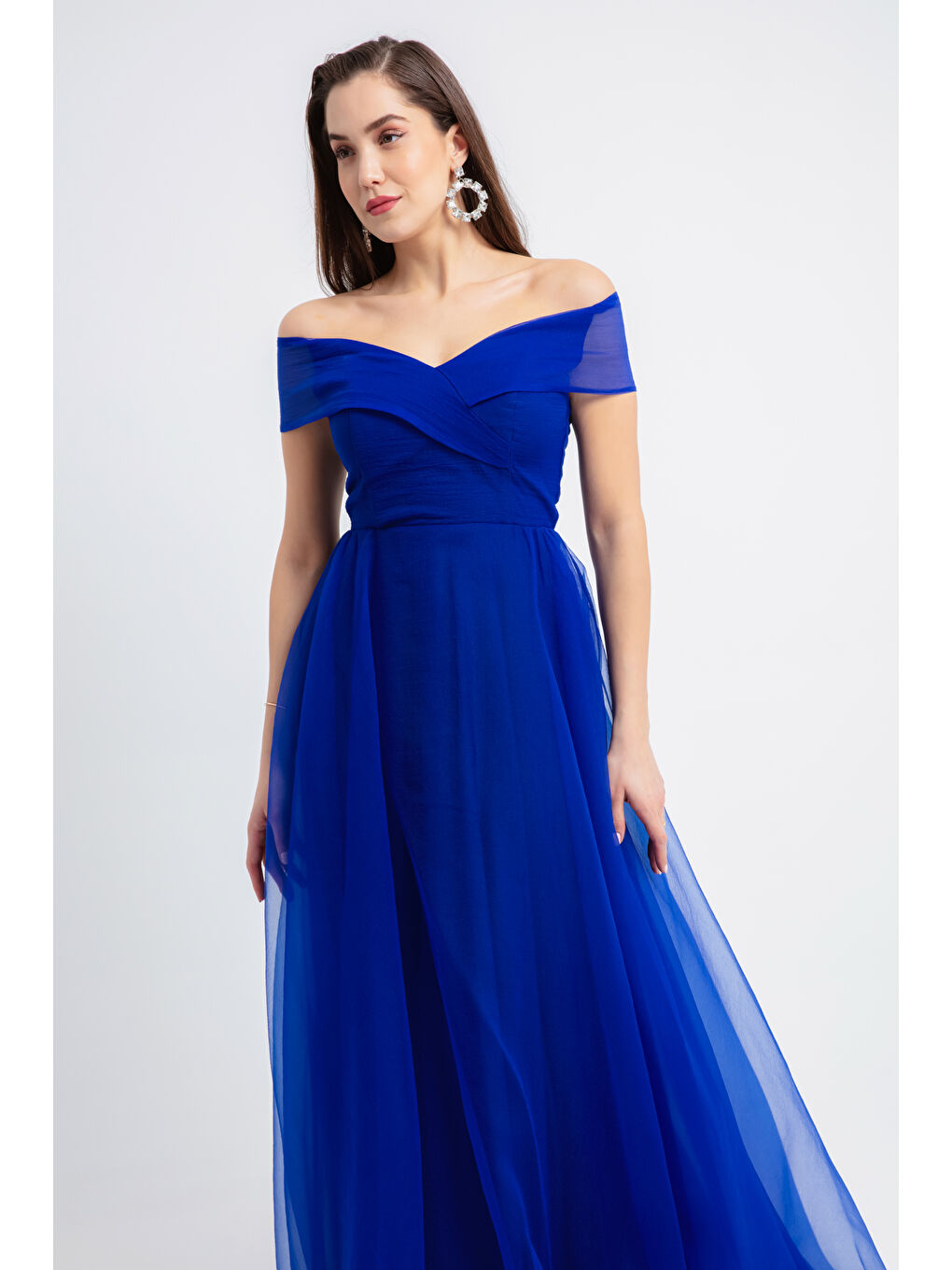 Mavi Kadın Saks Kayık Yaka Uzun Söz Nişan Nikah Abiye Elbise-1
