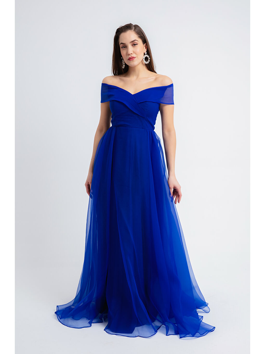 Mavi Kadın Saks Kayık Yaka Uzun Söz Nişan Nikah Abiye Elbise-2