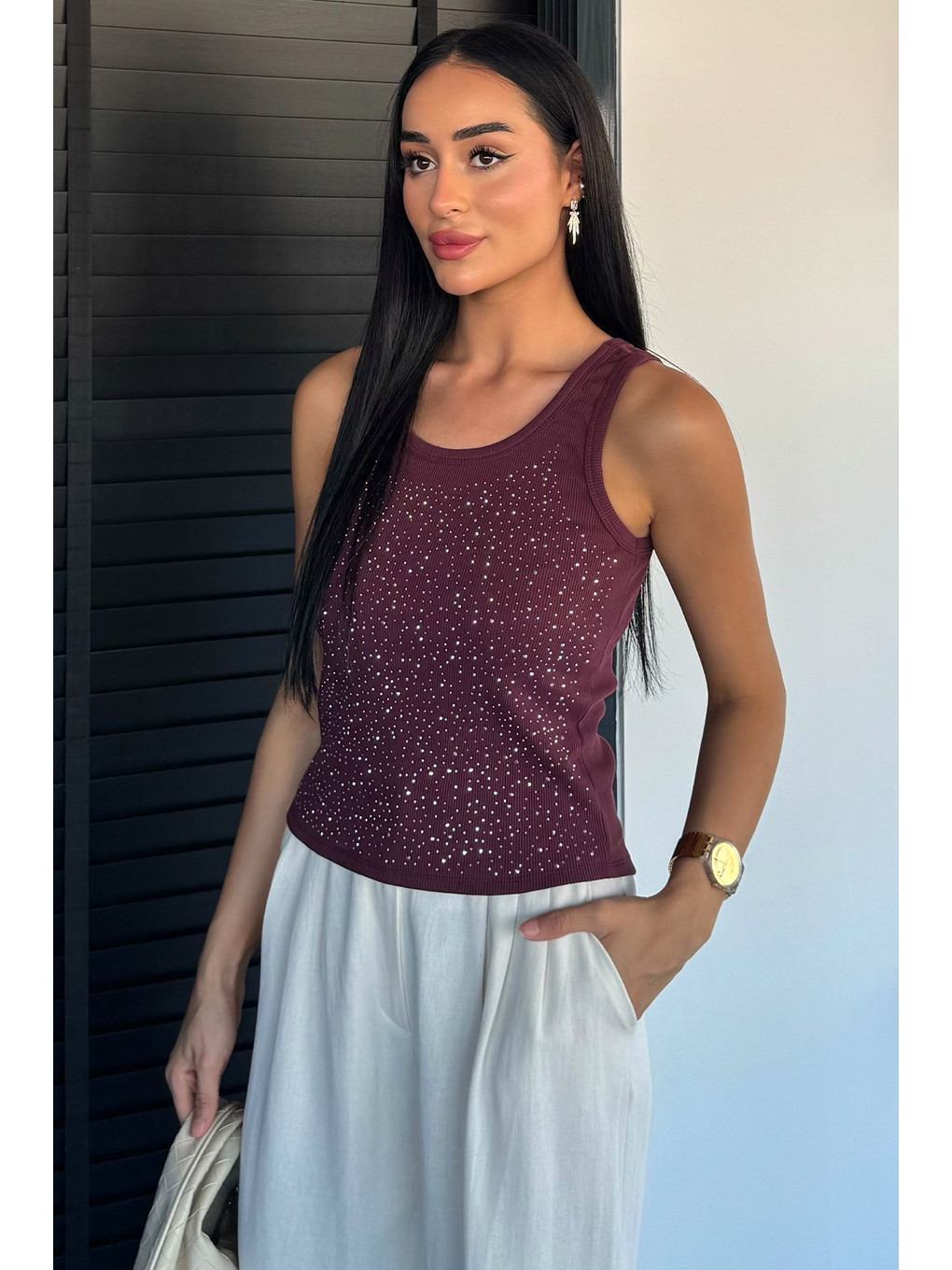 Mürdüm Ön Taşlı Kaşkorse Bluz