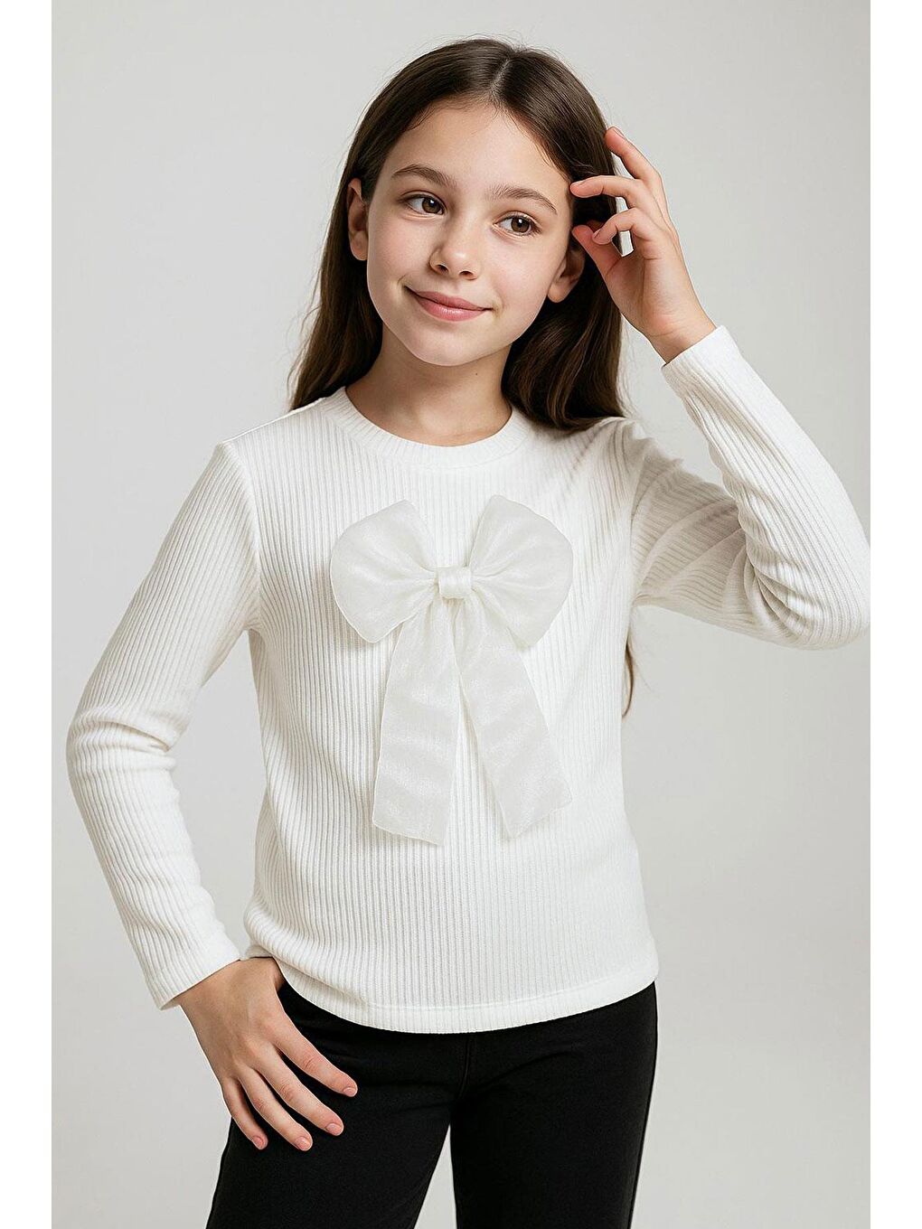 Kız Çocuk Uzun Kollu Tişört Fiyonk Aksesuarlı Ekru (8-12 Yaş)