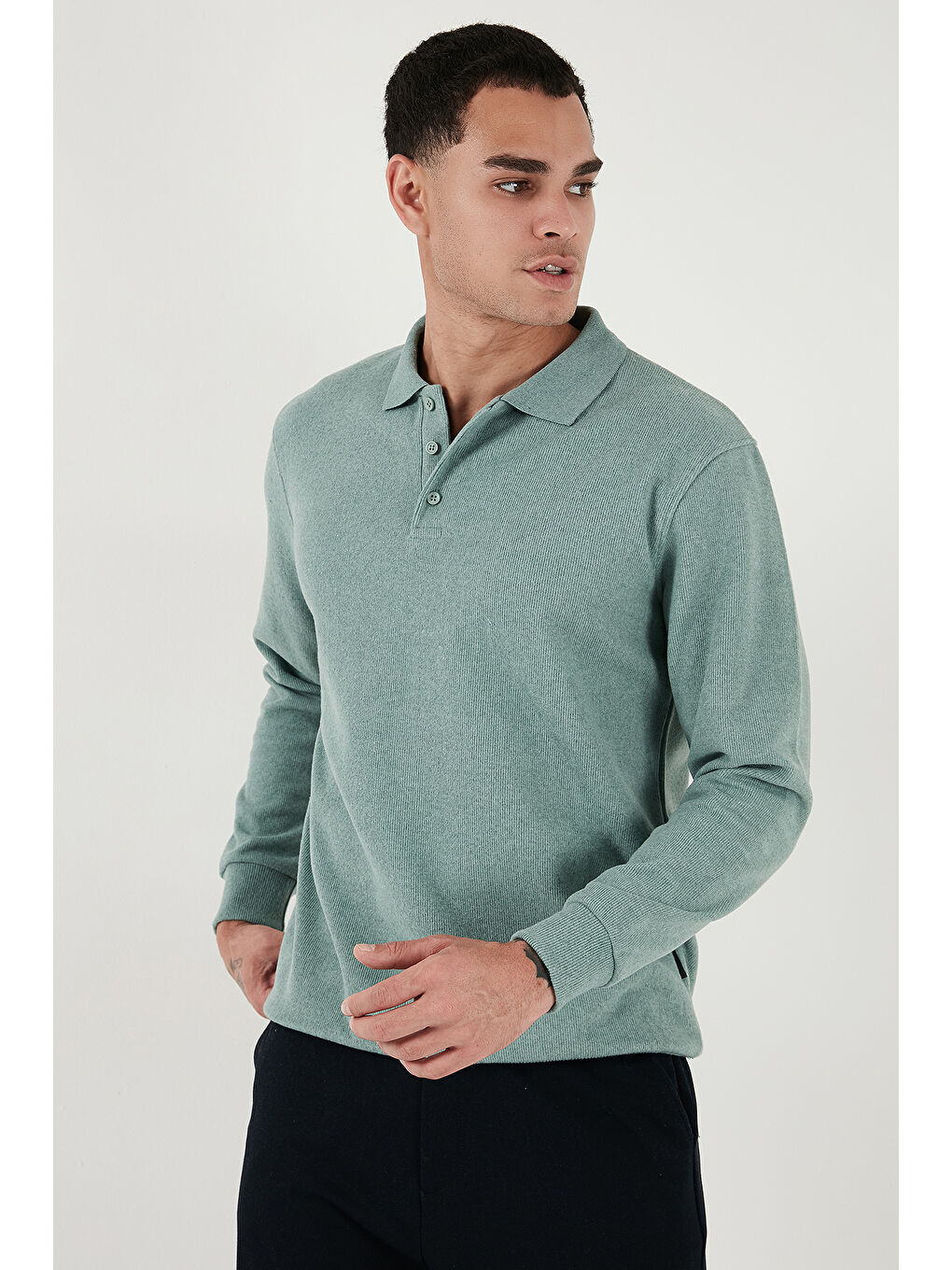 Yeşil Pamuk Karışımlı Regular Fit Polo Yaka Erkek Kazak 456223-4