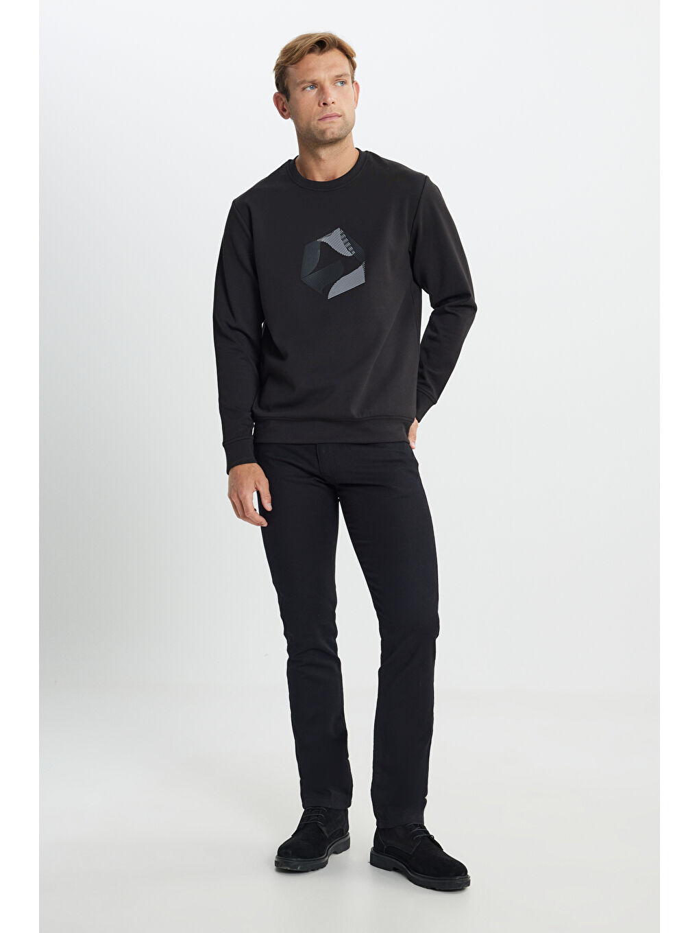 Erkek Siyah Pamuklu Standart Fit Normal Kesim Bisiklet Yaka Baskılı Sweatshirt-1