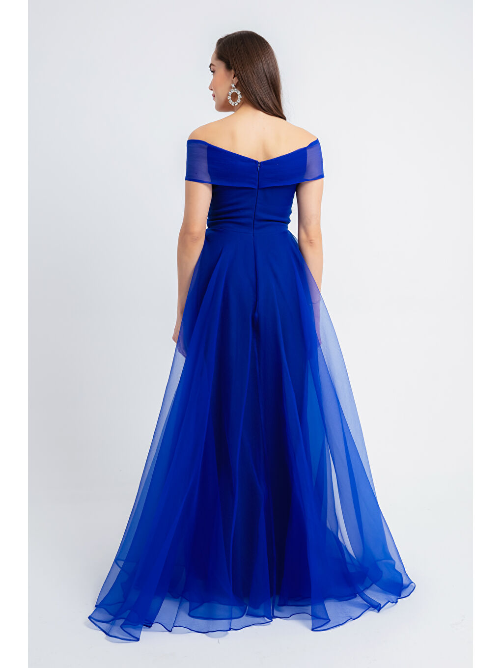 Mavi Kadın Saks Kayık Yaka Uzun Söz Nişan Nikah Abiye Elbise-4