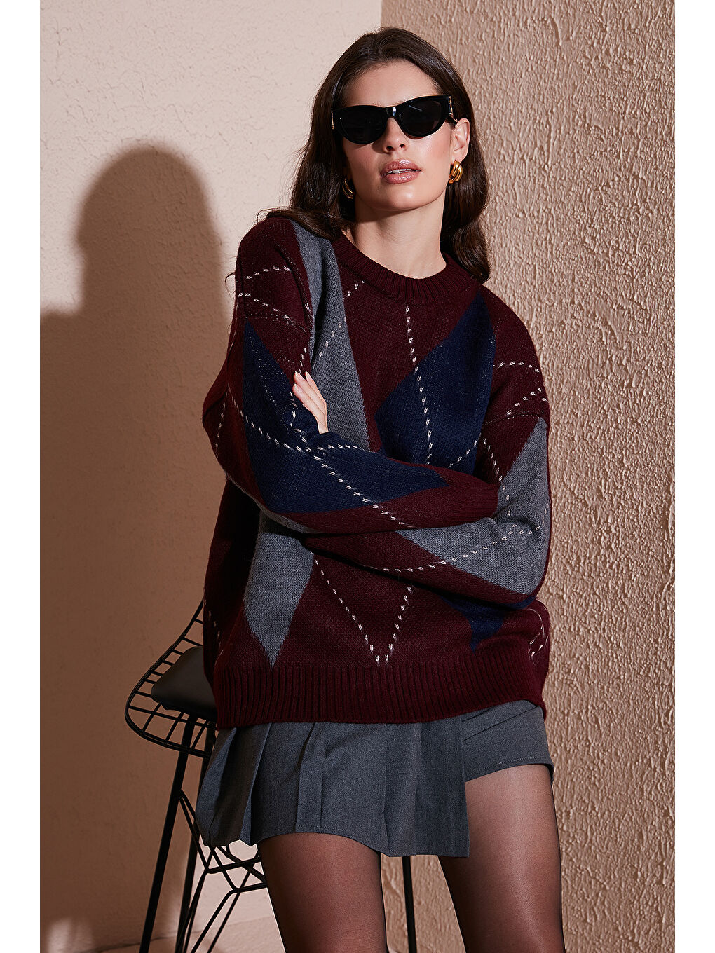 Bordo Oversize Fit Bisiklet Yaka Baklava Desenli Kazak 4615578