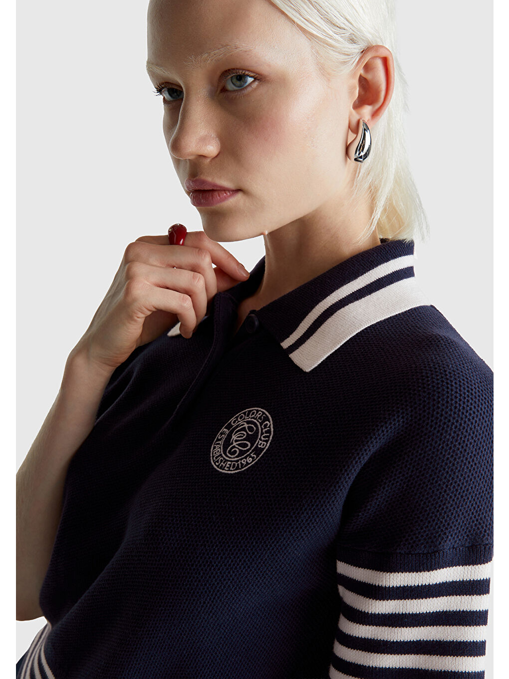 Kadın Lacivert %100 Pamuk Polo Yaka Kısa Kollu Kazak-6