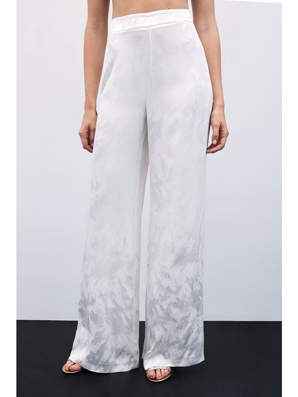 Jakarlı Bol Paça Pantolon - Ekru-1