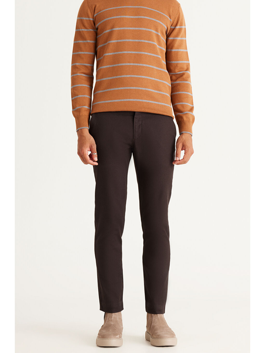 Erkek Kahverengi Slim Fit Dar Kesim Pamuklu Esnek Rahat Armürlü Pantolon-1