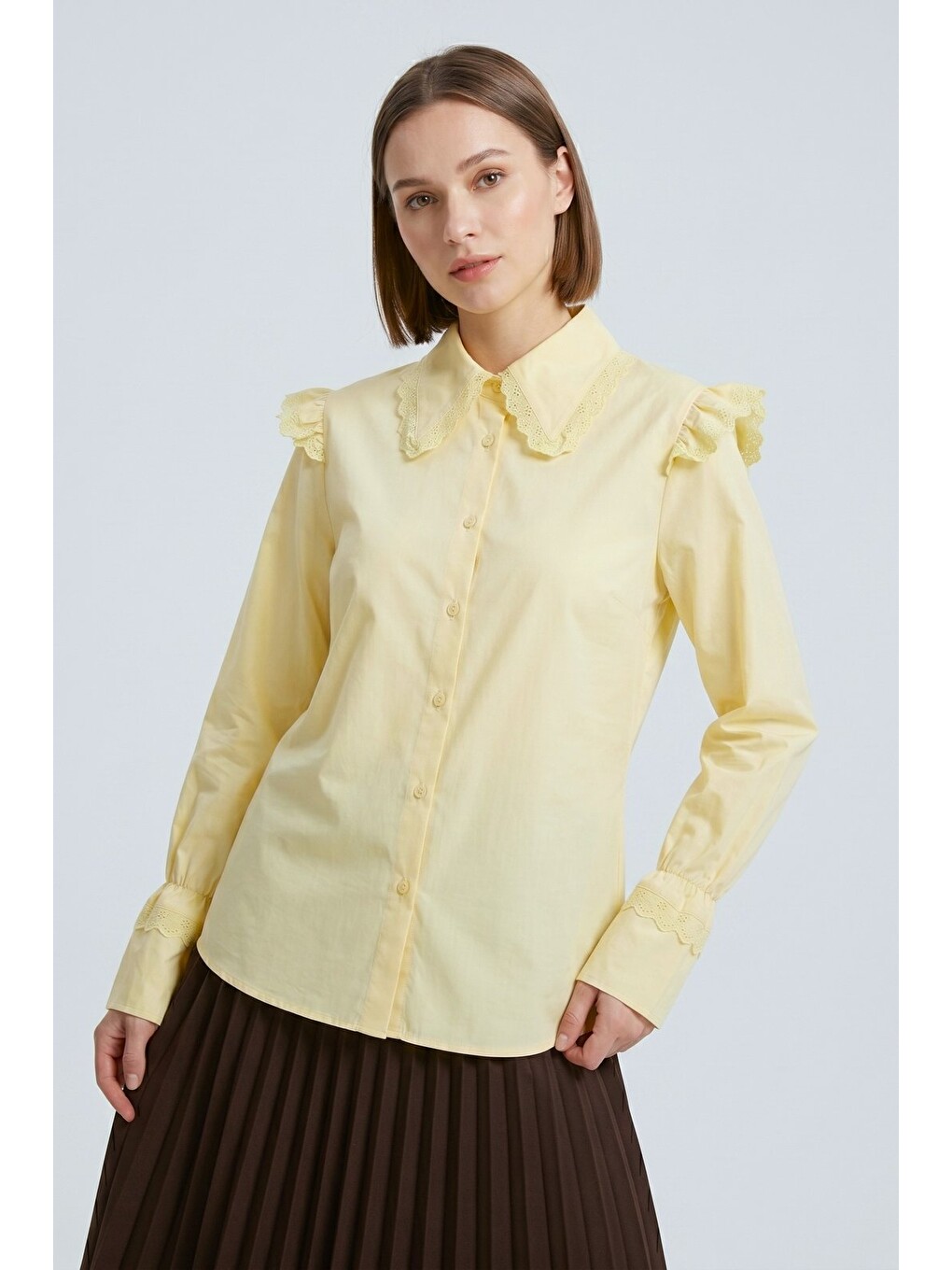 Sarı Oversize Kalıp Viktorya Esintili Fırfırlı Dantelli Gömlek-5