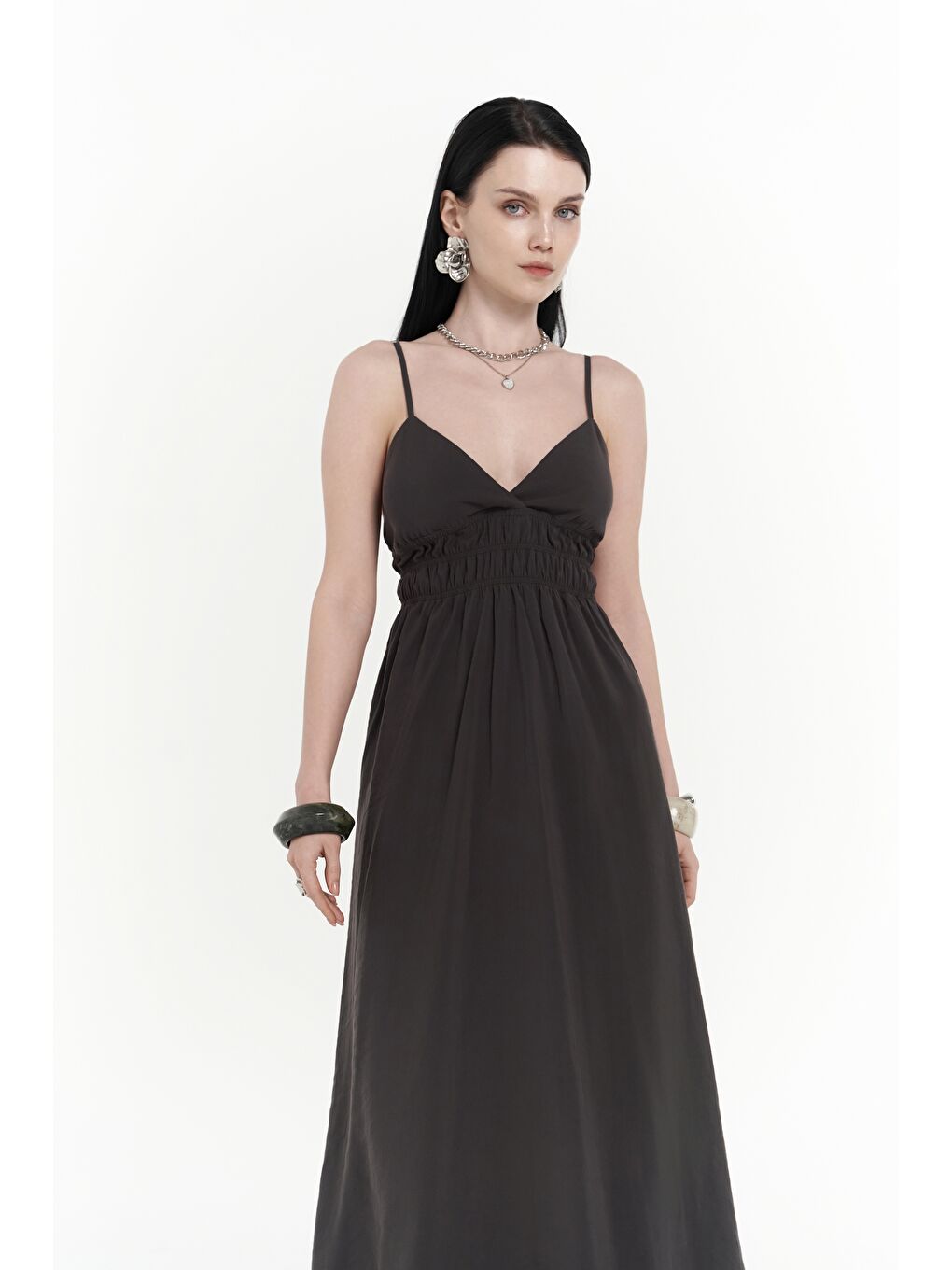 Alessia Büzgü Detay Askılı Uzun Antrasit Elbise-2