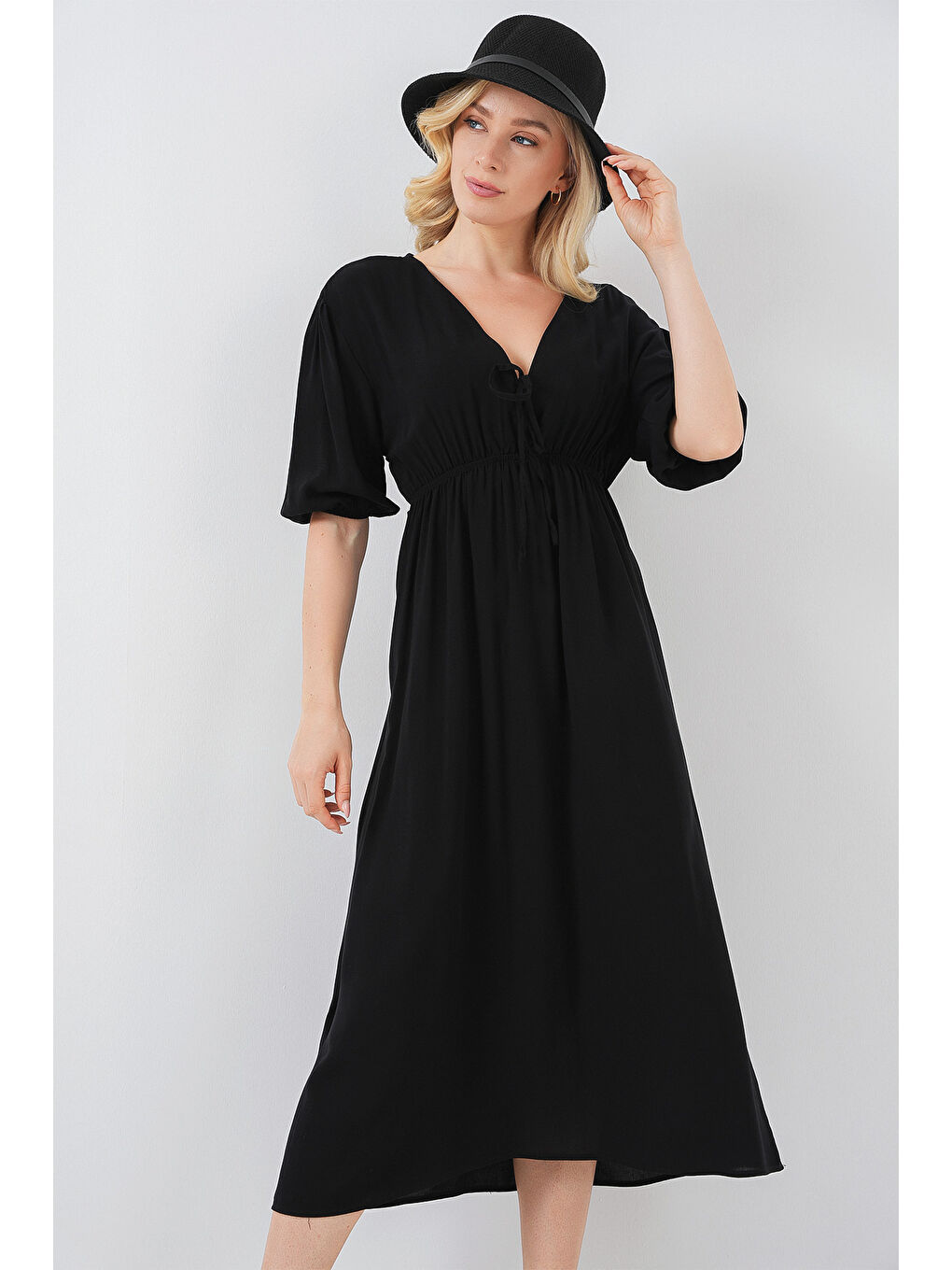 2570 Kadın Beli Büzgülü V Yaka Elbise - Siyah-1
