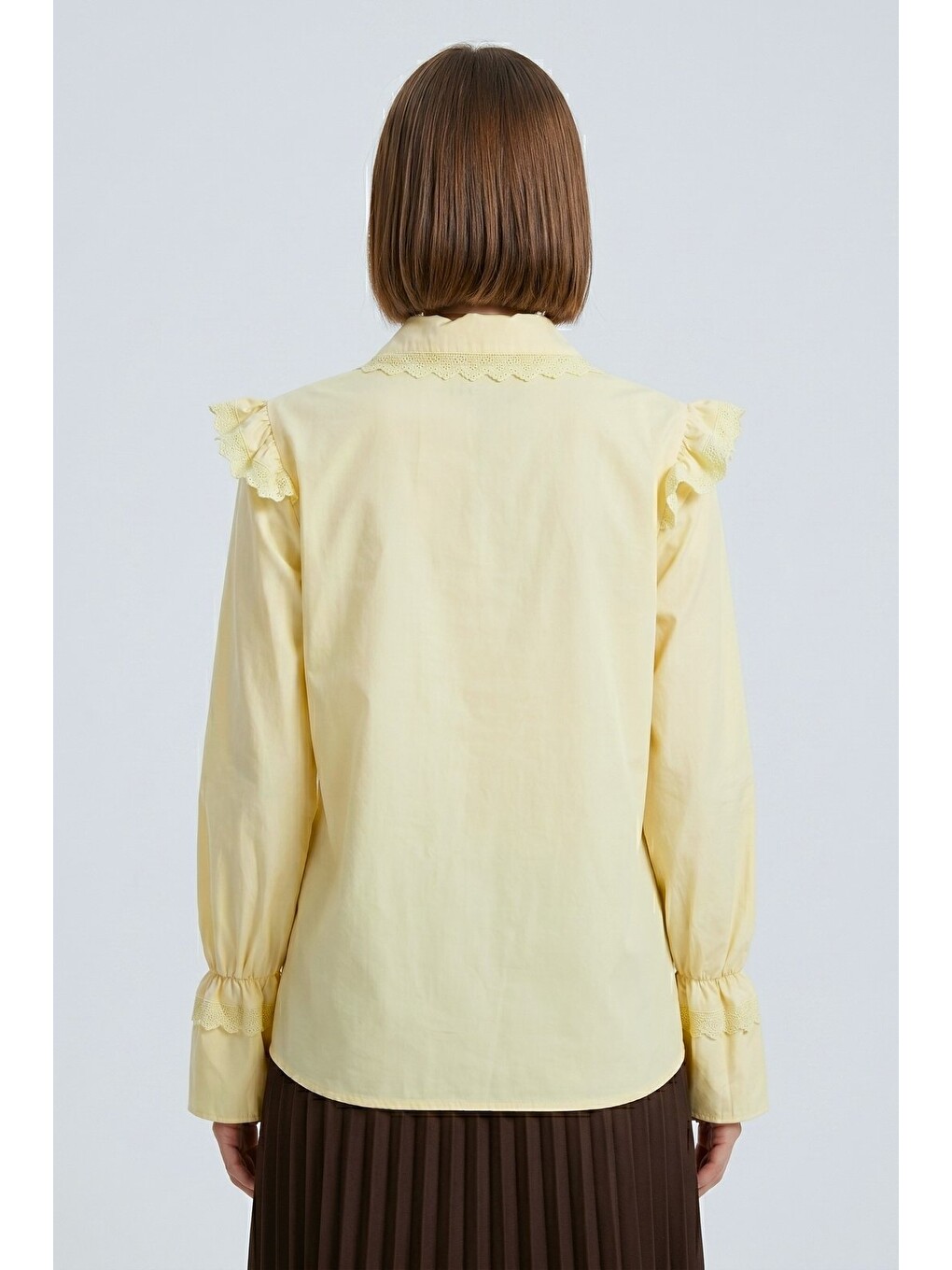 Sarı Oversize Kalıp Viktorya Esintili Fırfırlı Dantelli Gömlek-6