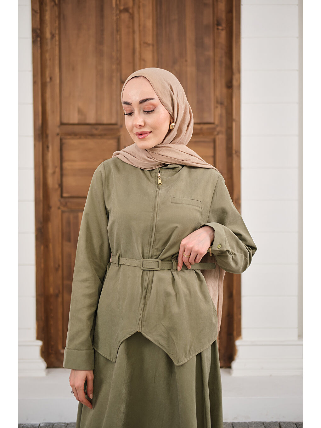 Kadın Cep Detay Fermuarlı Kemer Bağlamalı Etekli Takım Küf Yeşil-1