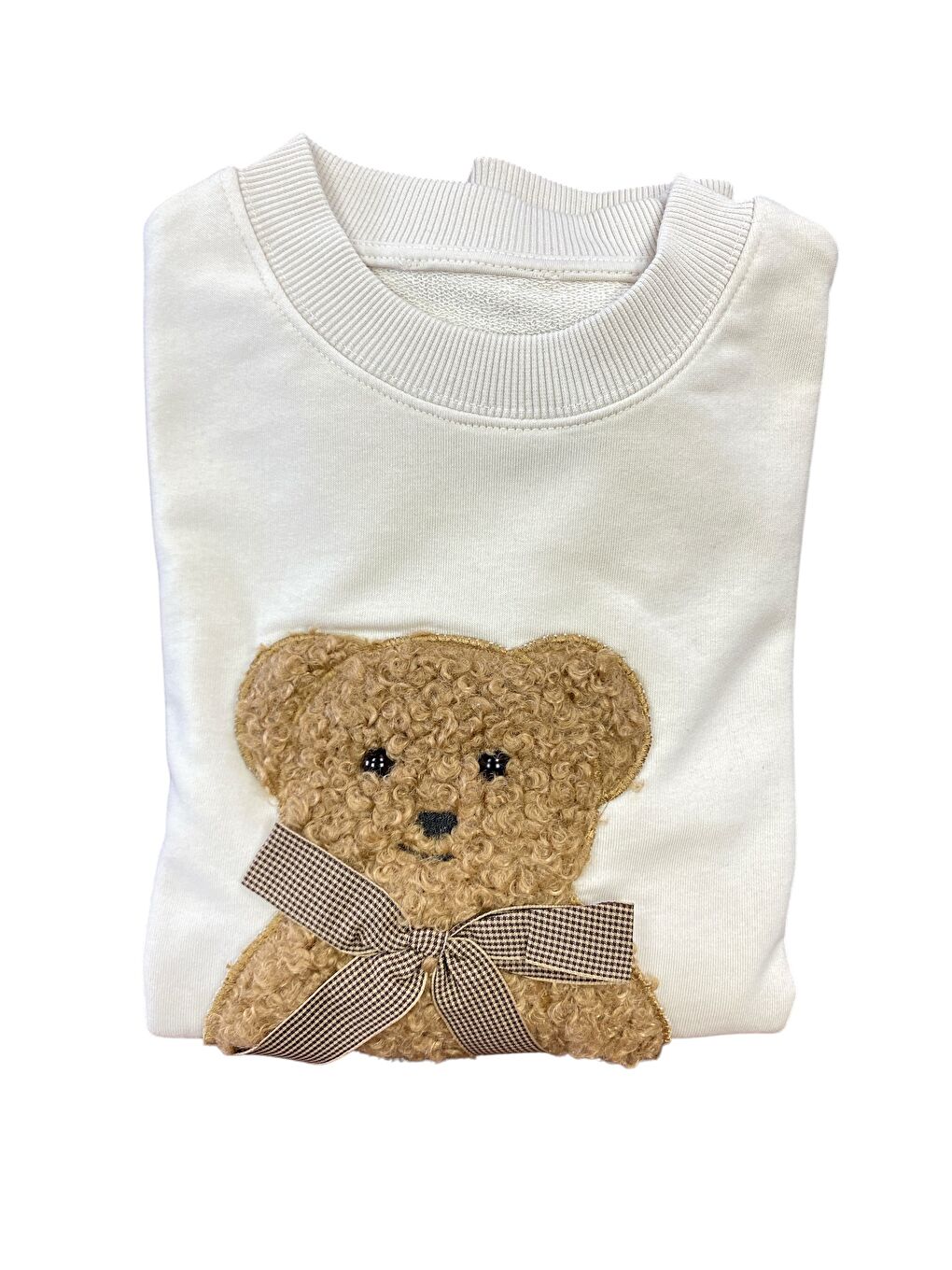 Ekru Kadın Pamuklu Kalın Kışlık Fiyonklu Kabartma Ayıcık Desenli Yüksek Kalite Ribana Kol Sweatshirt-3