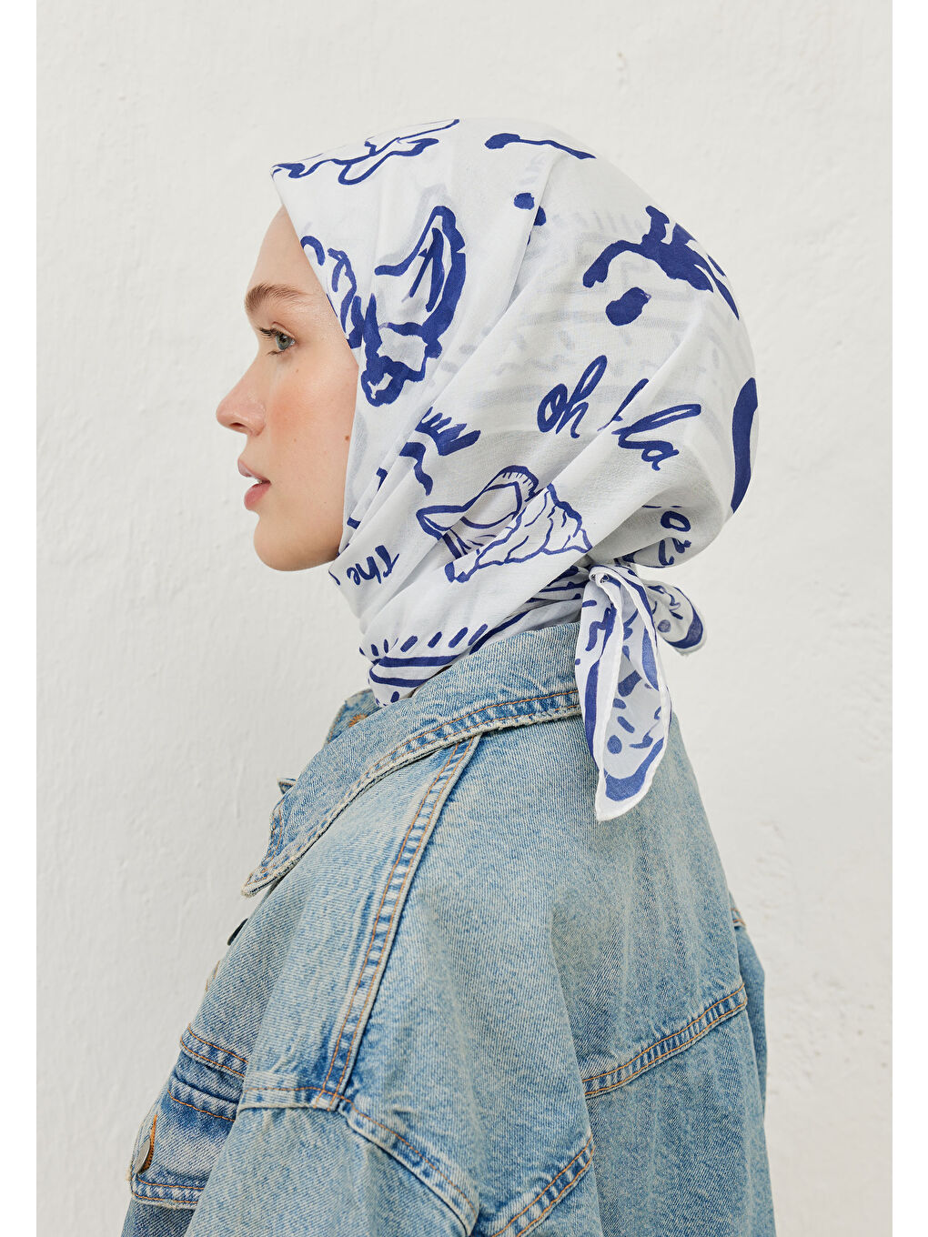 Summer Vibes Desen Pamuk Vual Eşarp Mavi-3