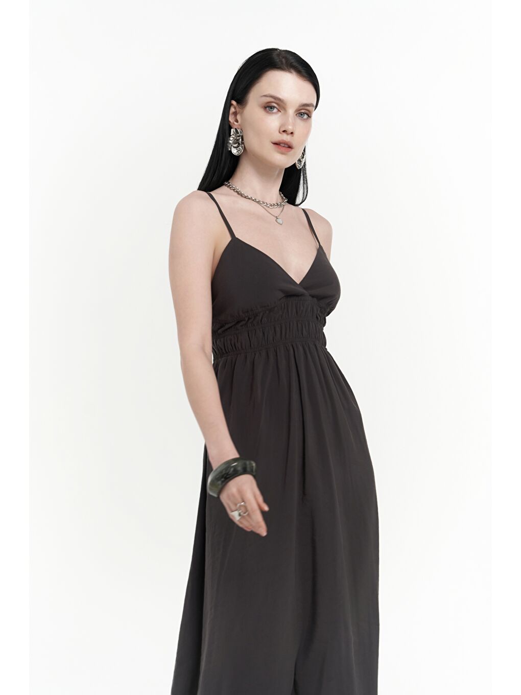 Alessia Büzgü Detay Askılı Uzun Antrasit Elbise-3