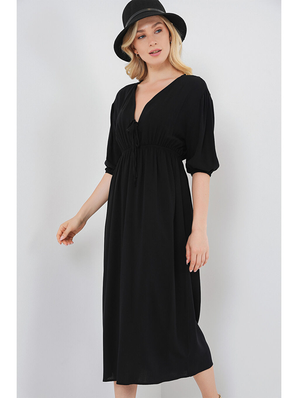 2570 Kadın Beli Büzgülü V Yaka Elbise - Siyah-3