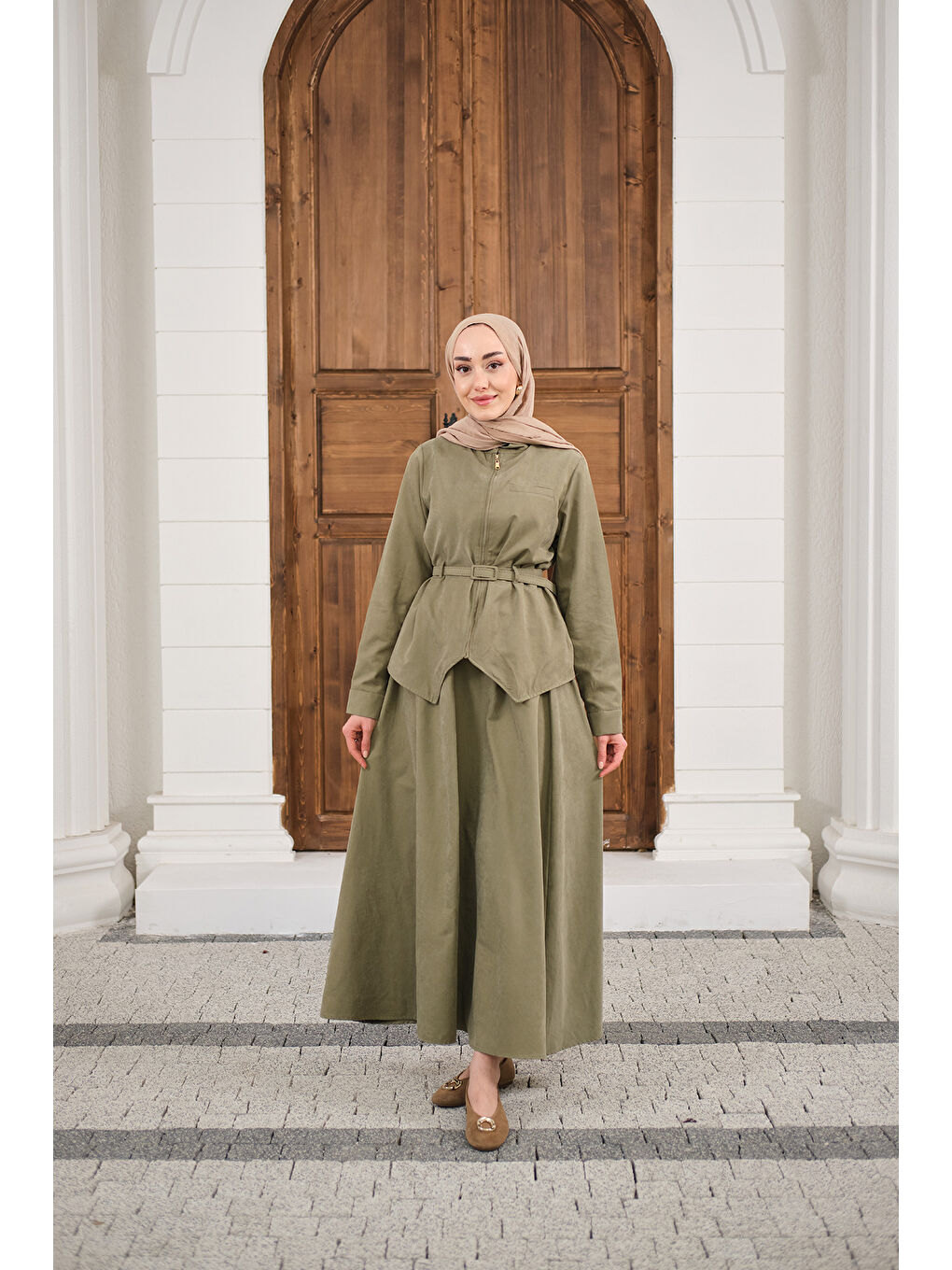 Kadın Cep Detay Fermuarlı Kemer Bağlamalı Etekli Takım Küf Yeşil-2