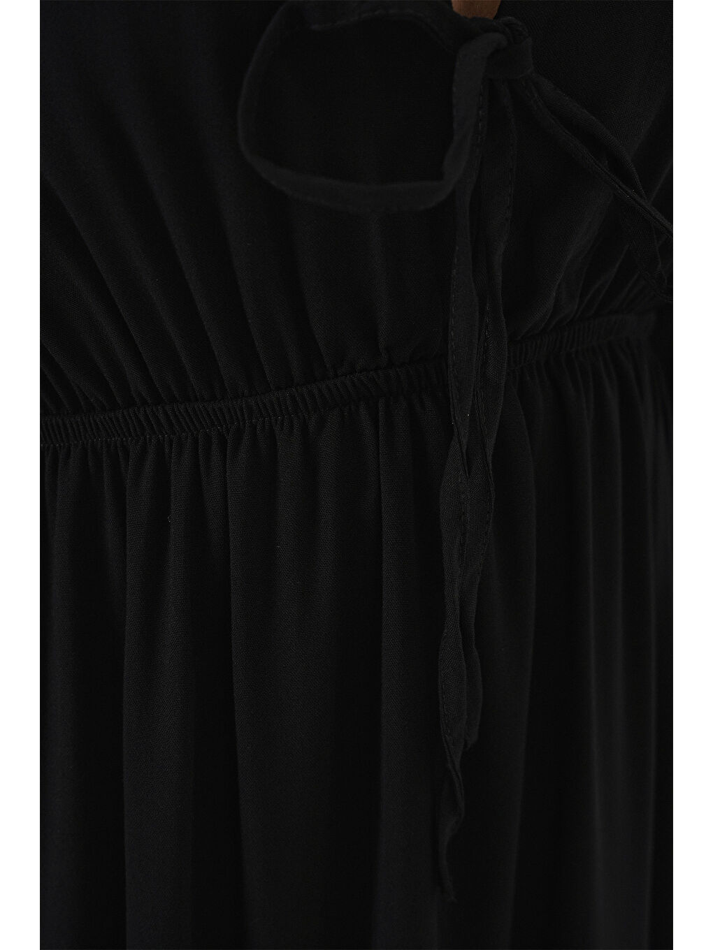 2570 Kadın Beli Büzgülü V Yaka Elbise - Siyah-4