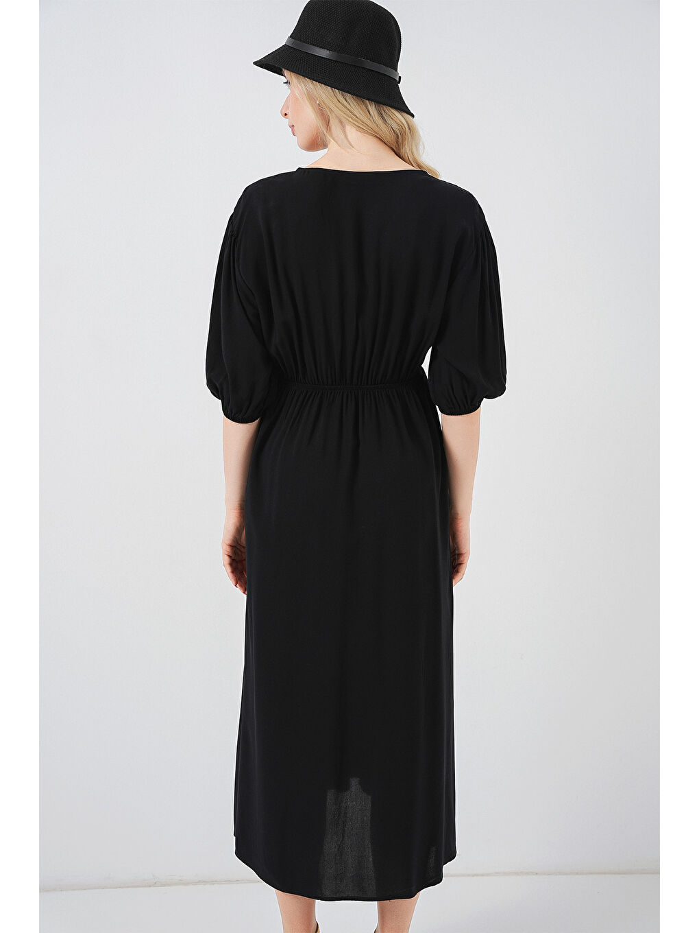2570 Kadın Beli Büzgülü V Yaka Elbise - Siyah-5