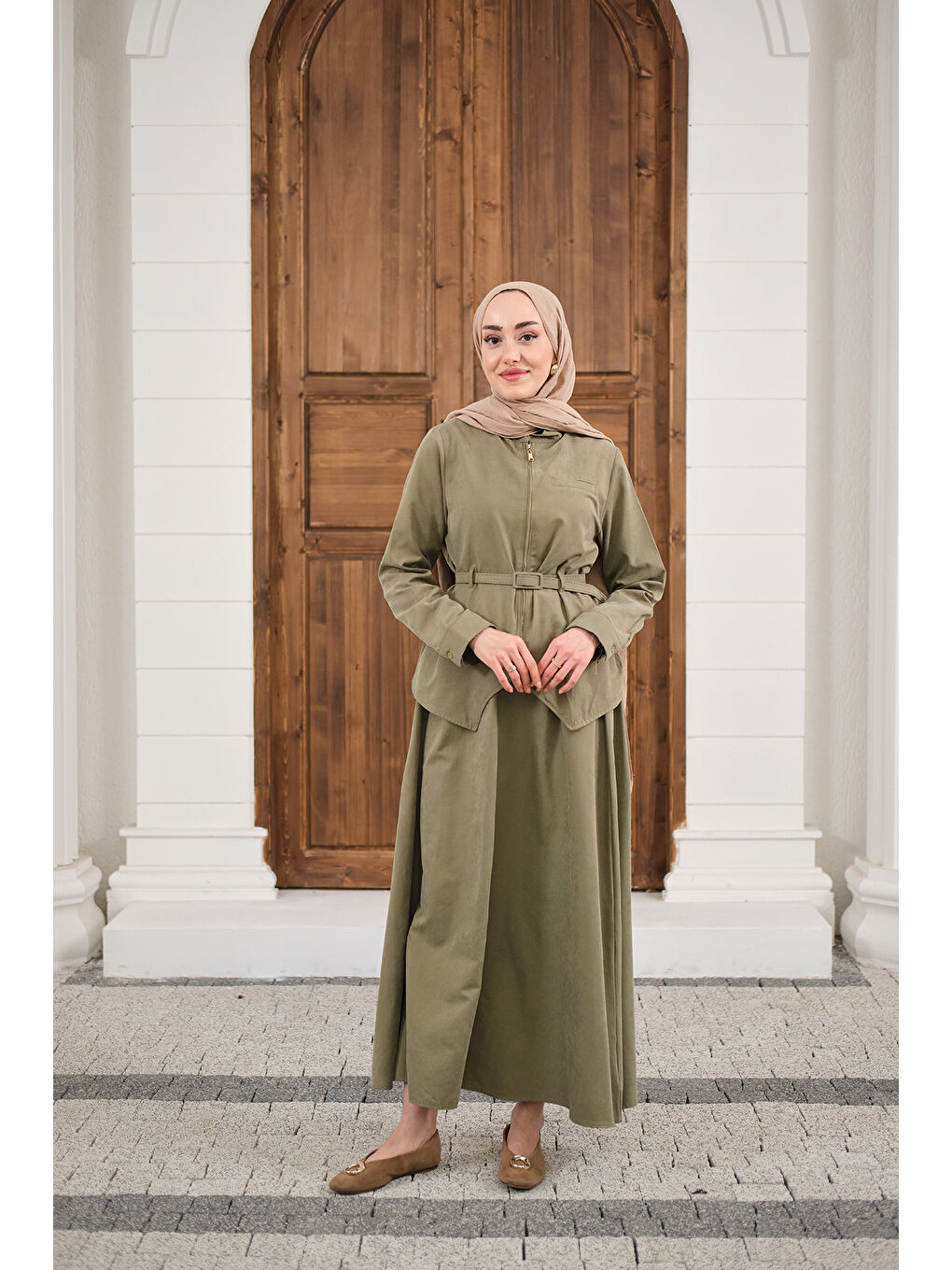 Kadın Cep Detay Fermuarlı Kemer Bağlamalı Etekli Takım Küf Yeşil-3