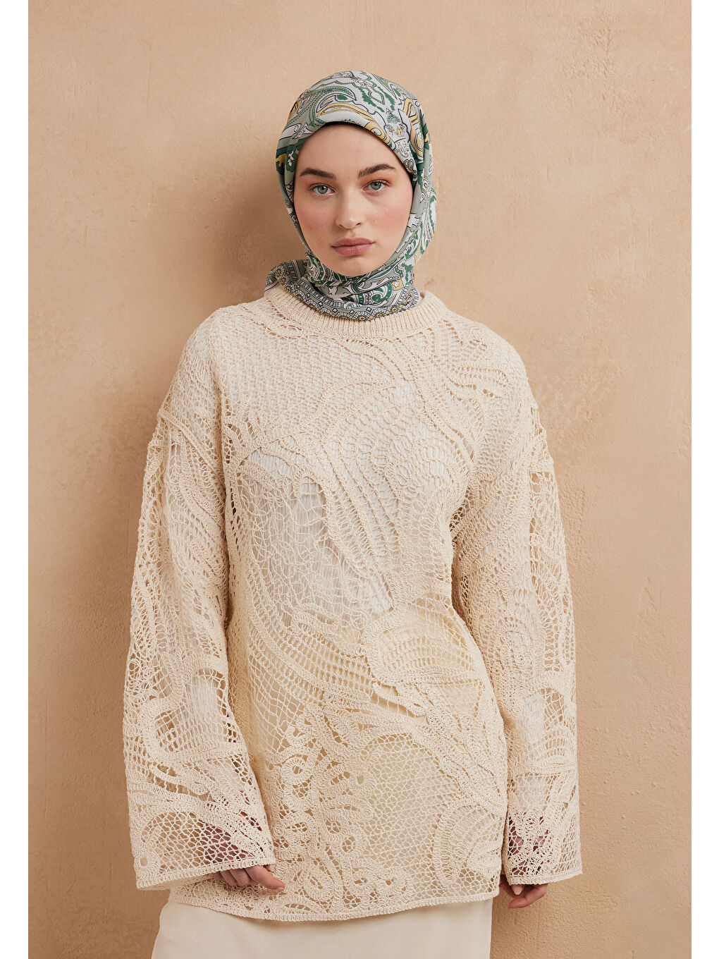 Yeşil Lena Desen Pamuk İpek Eşarp Çağla-3