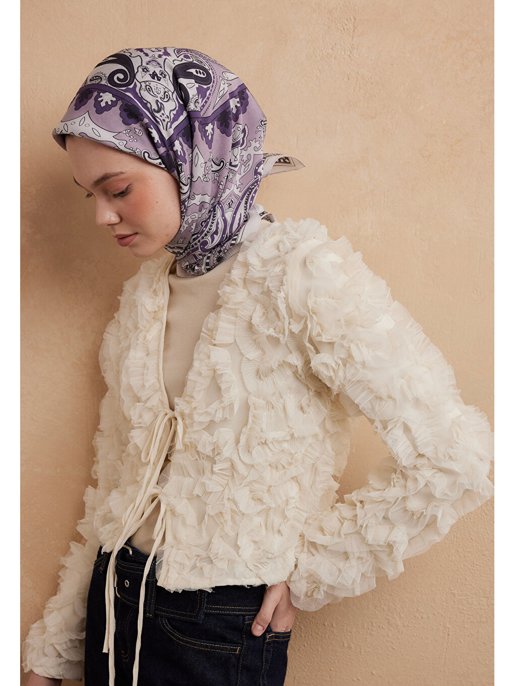 Lila Lena Desen Pamuk İpek Eşarp Leylak-1