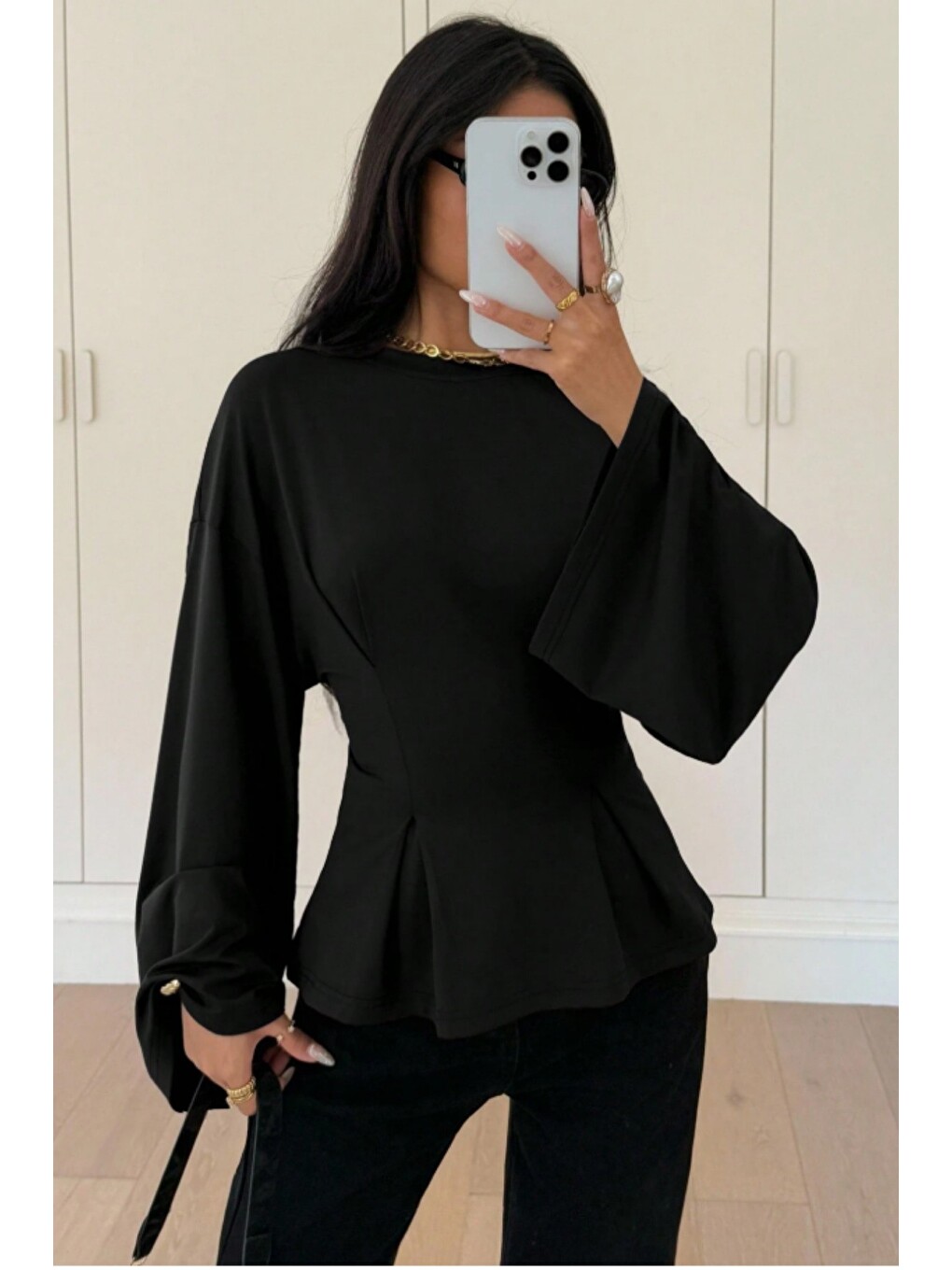 Siyah Kadın Pilet Bel Oturtmalı Peplum Detaylı Uzun Kollu Bluz-1