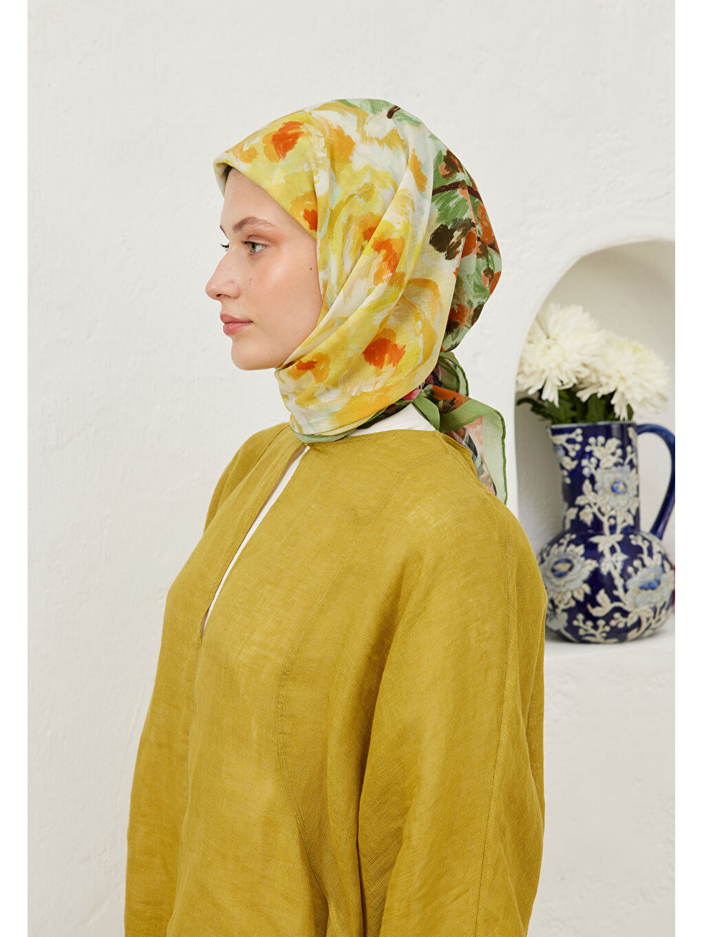 Yeşil Sprıng Flora Desen Pamuk Vual Eşarp Orman-1