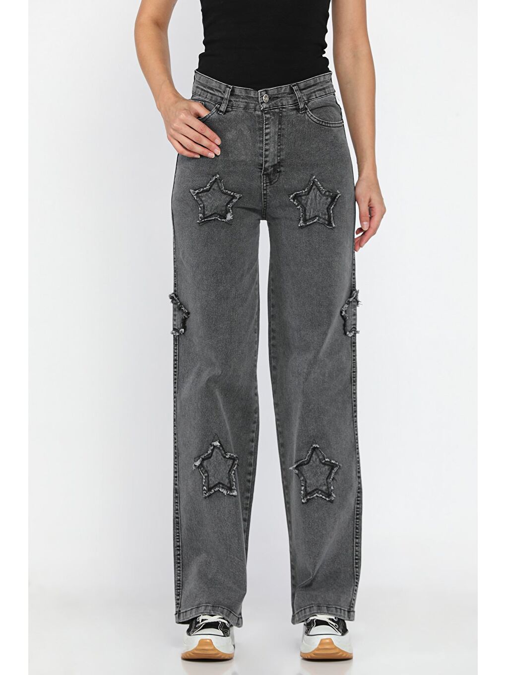 Antrasit Kadın Yüksek Bel Yıldız Figürlü Elastanlı Palazzo Jean Pantolon