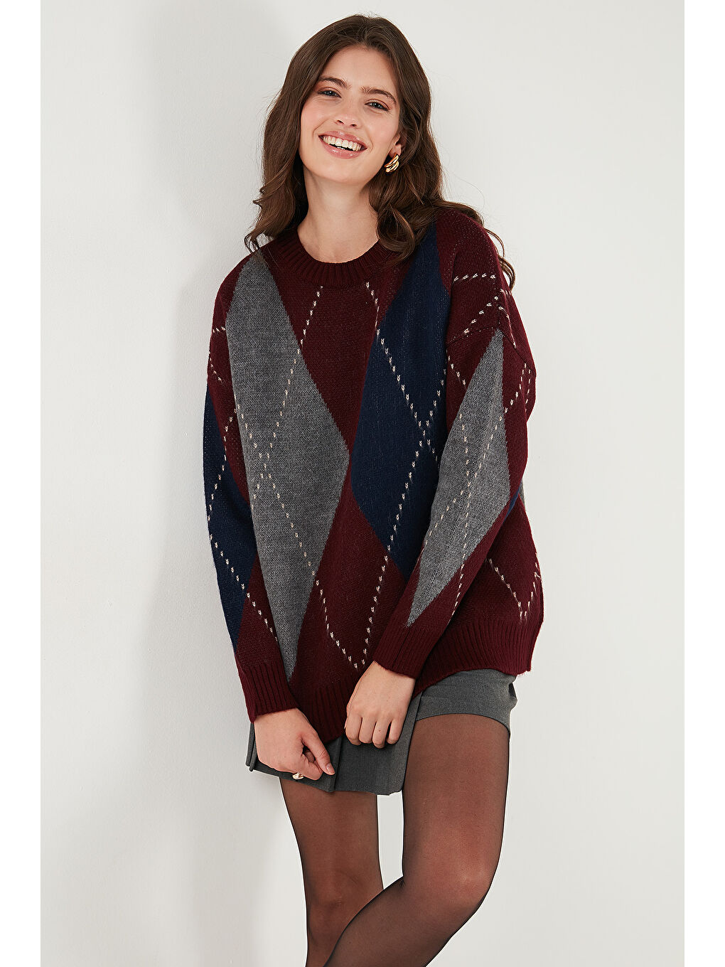 Bordo Oversize Fit Bisiklet Yaka Baklava Desenli Kazak 4615578-1