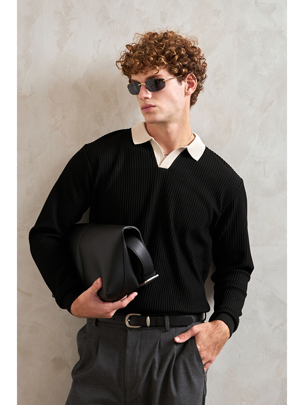 Siyah Erkek Polo Yaka Nopeli Oversize Triko Kazak