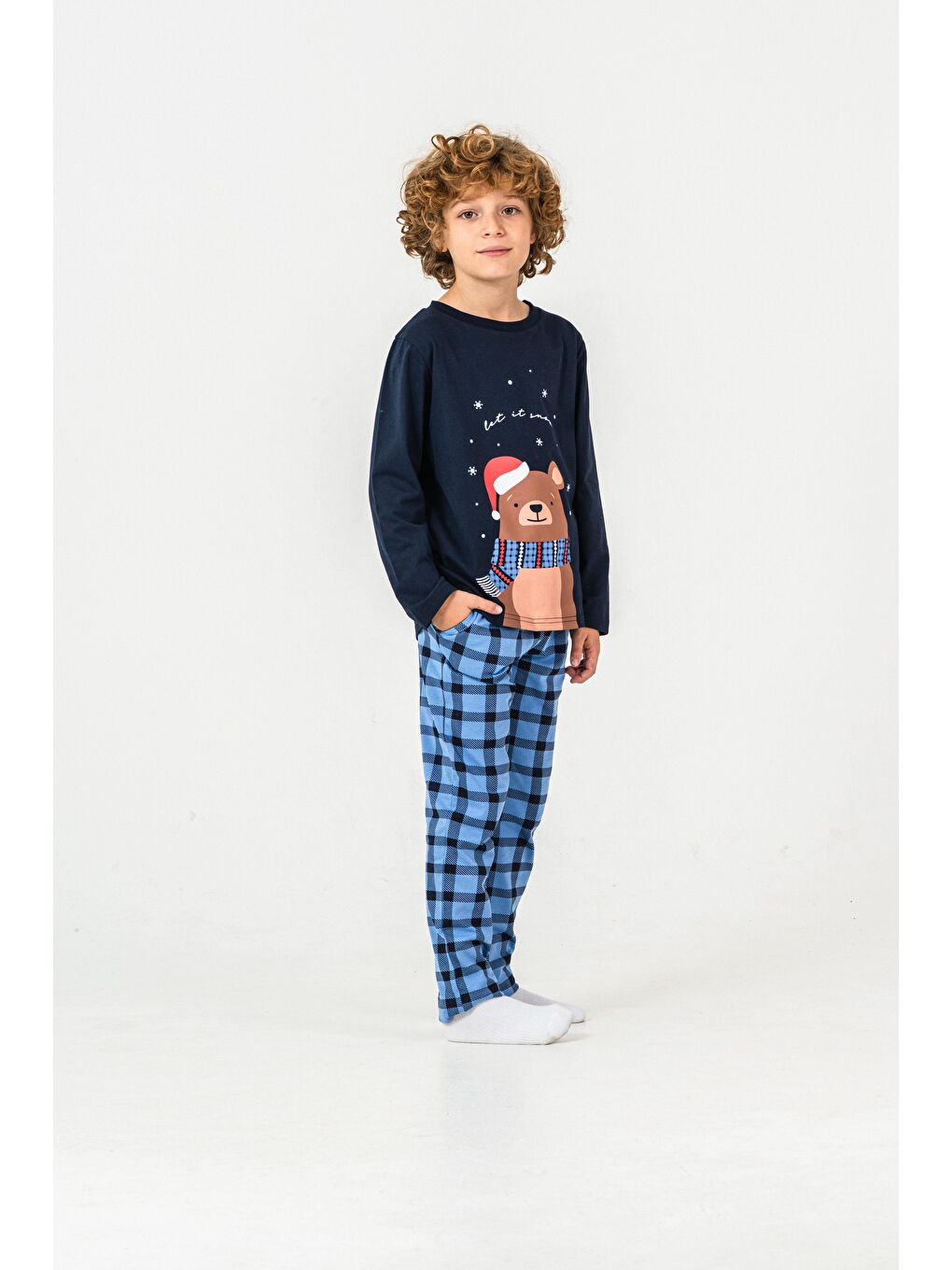 Lacivert Let It Snow Ayıcık Baskılı Erkek Çocuk Pijama Takım-2