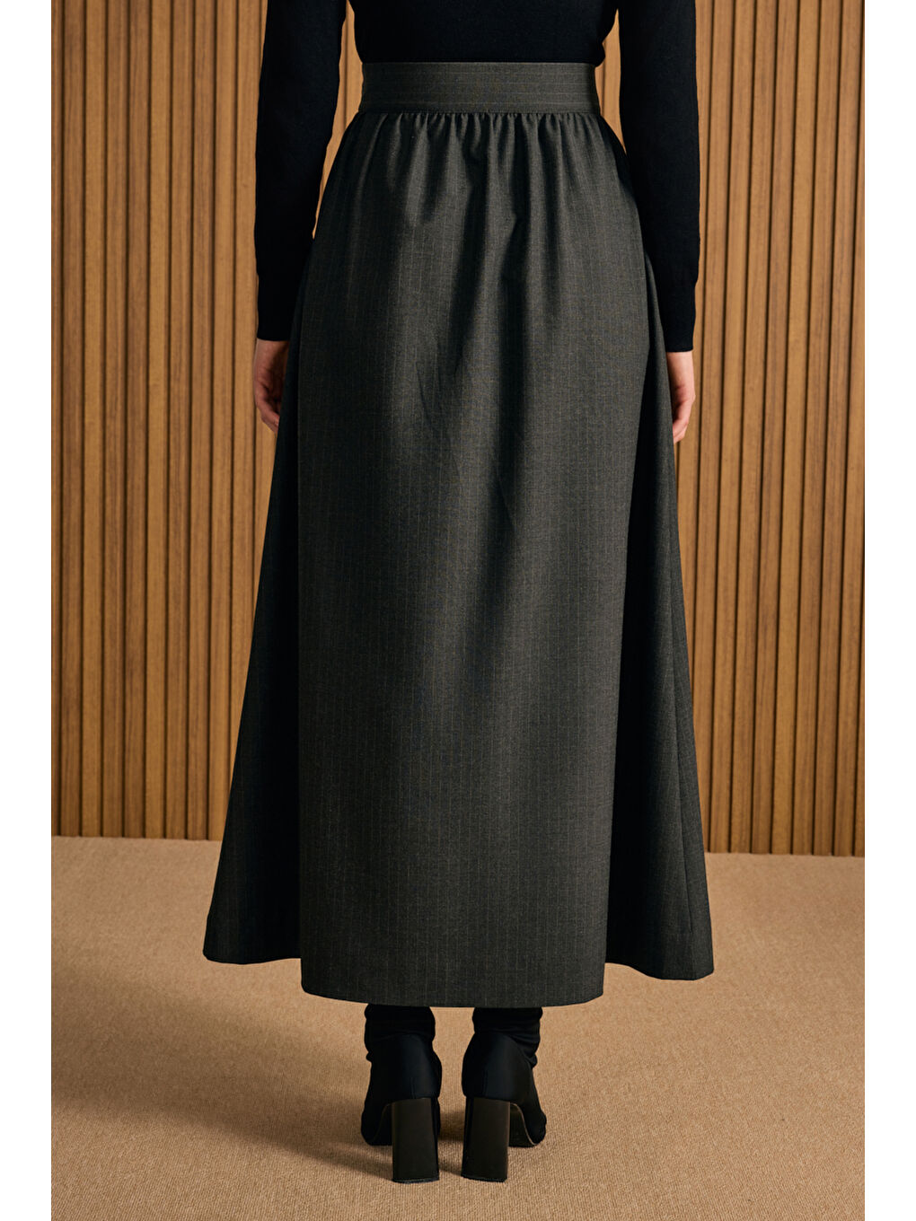 Antrasit Çizgili Yandan Cepli Etek-4