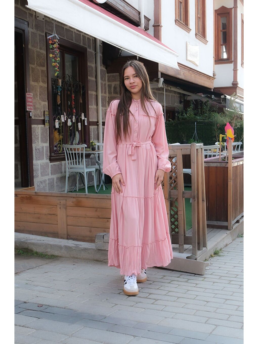 Pembe Kolları Büzgülü Kuşaklı Kız Çocuk Uzun Elbise 23399