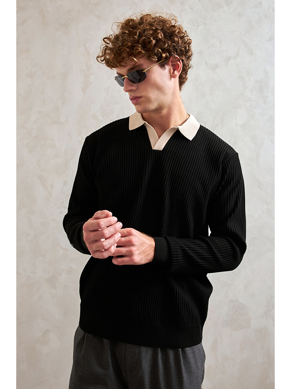 Siyah Erkek Polo Yaka Nopeli Oversize Triko Kazak-1