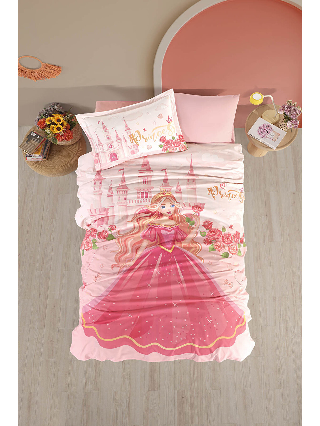 Pembe %100 Pamuk Nevresim Takımı Tek Kişilik Princess V1