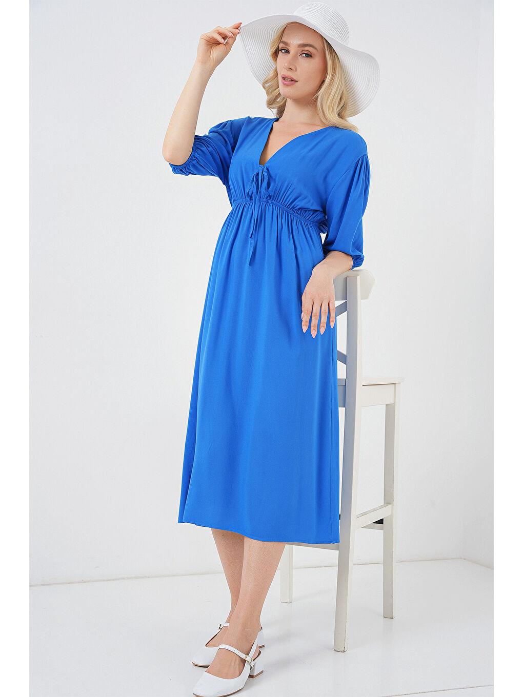 Mavi 2570 Kadın Beli Büzgülü V Yaka Elbise - Saks-1