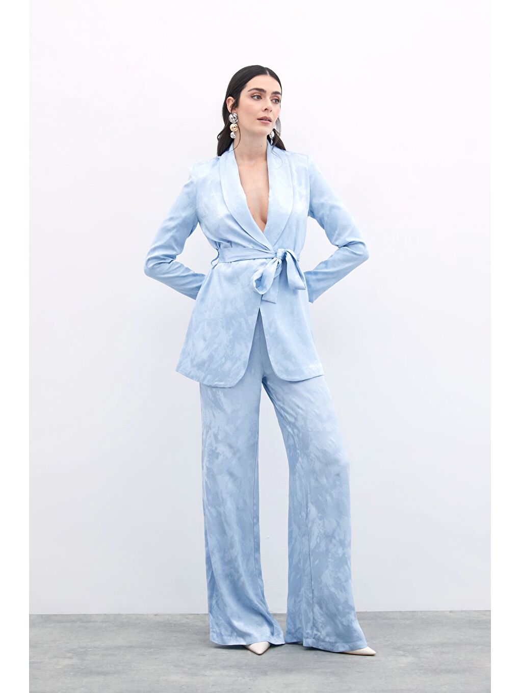 Jakarlı Bol Paça Pantolon - Bebe Mavi-1