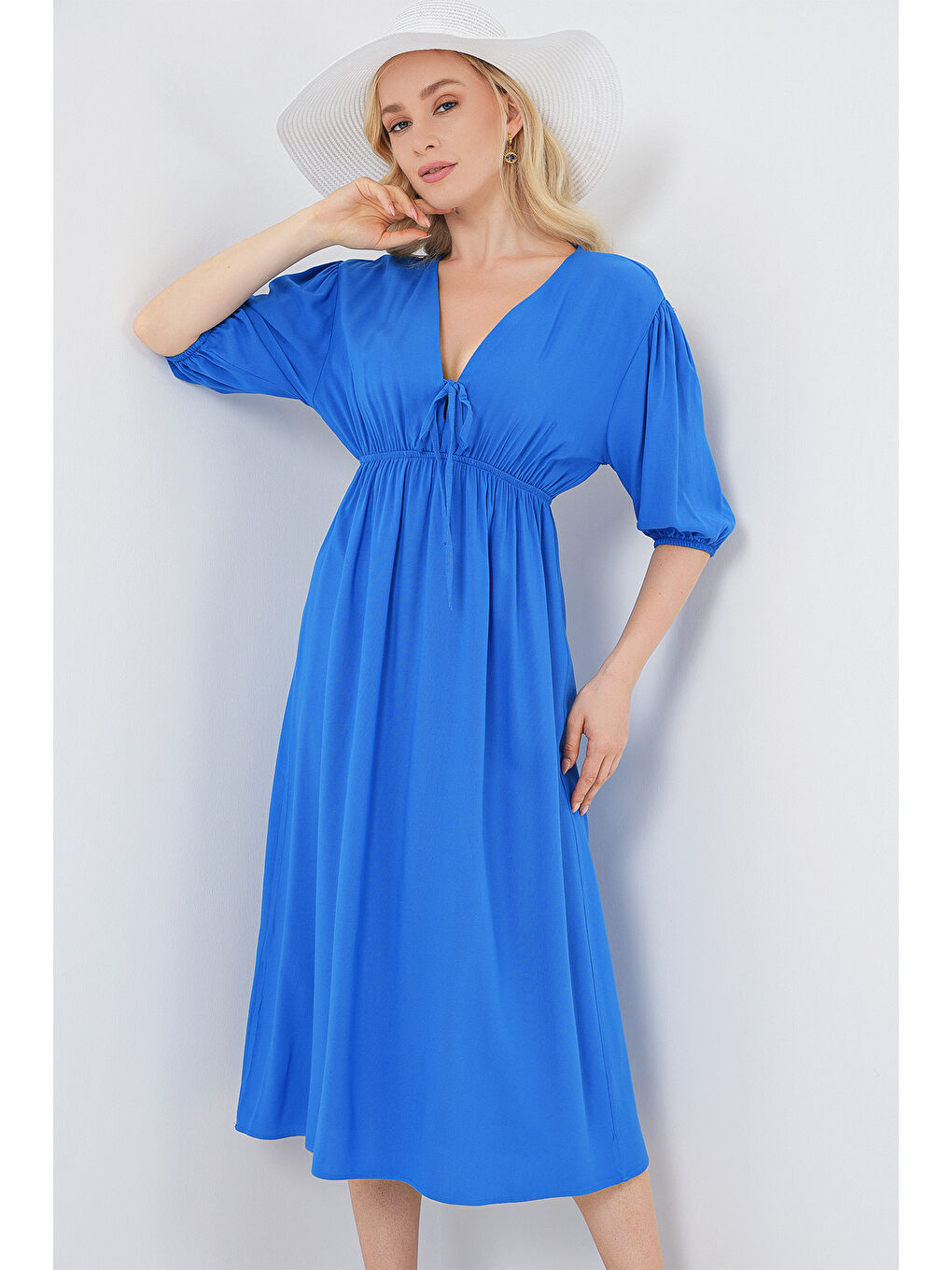 Mavi 2570 Kadın Beli Büzgülü V Yaka Elbise - Saks-3