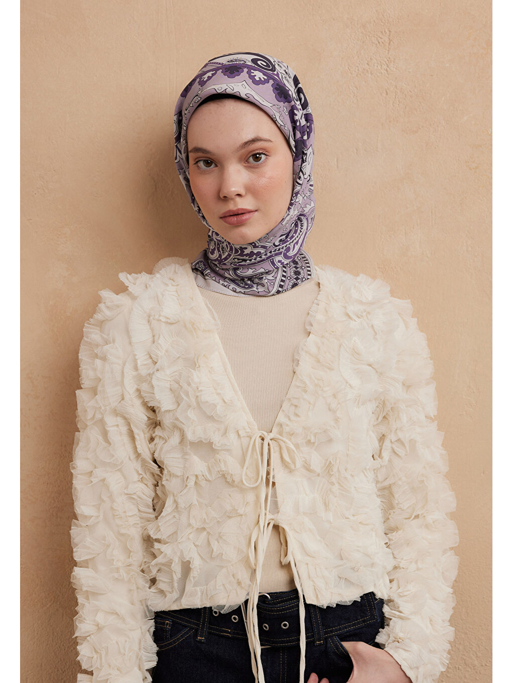 Lila Lena Desen Pamuk İpek Eşarp Leylak-2