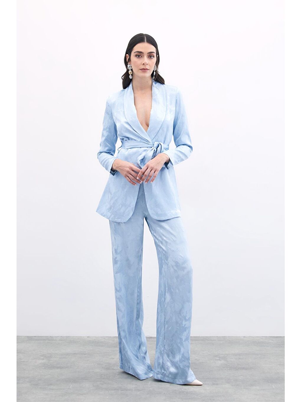 Jakarlı Bol Paça Pantolon - Bebe Mavi-2