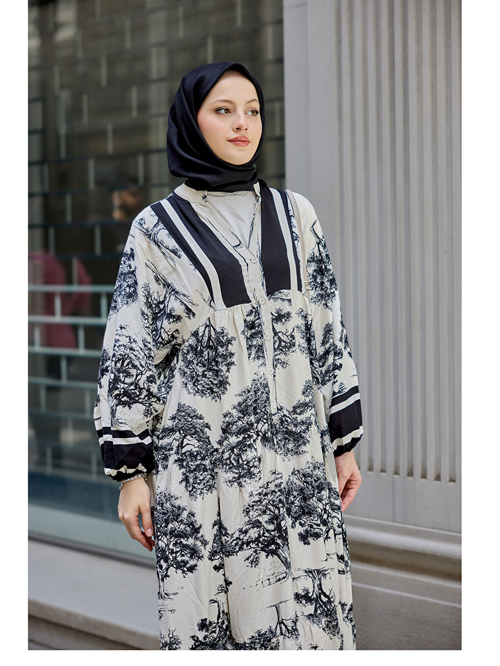 Kadın Ağaç Desenli Elbise Siyah-3