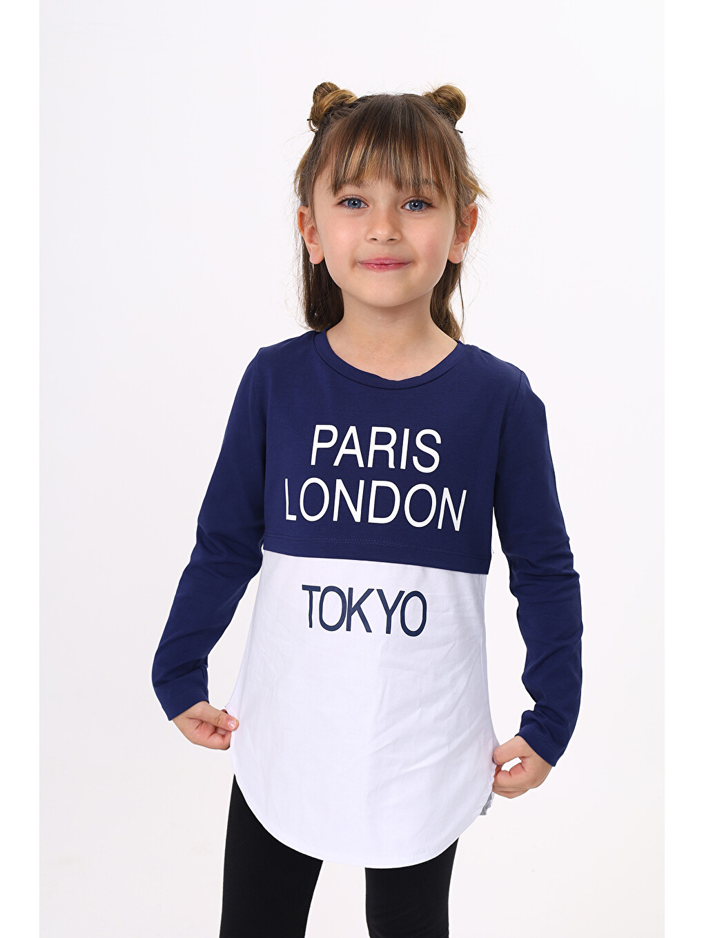 Lacivert Kız Çocuk Paris London Baskılı T-Shirt