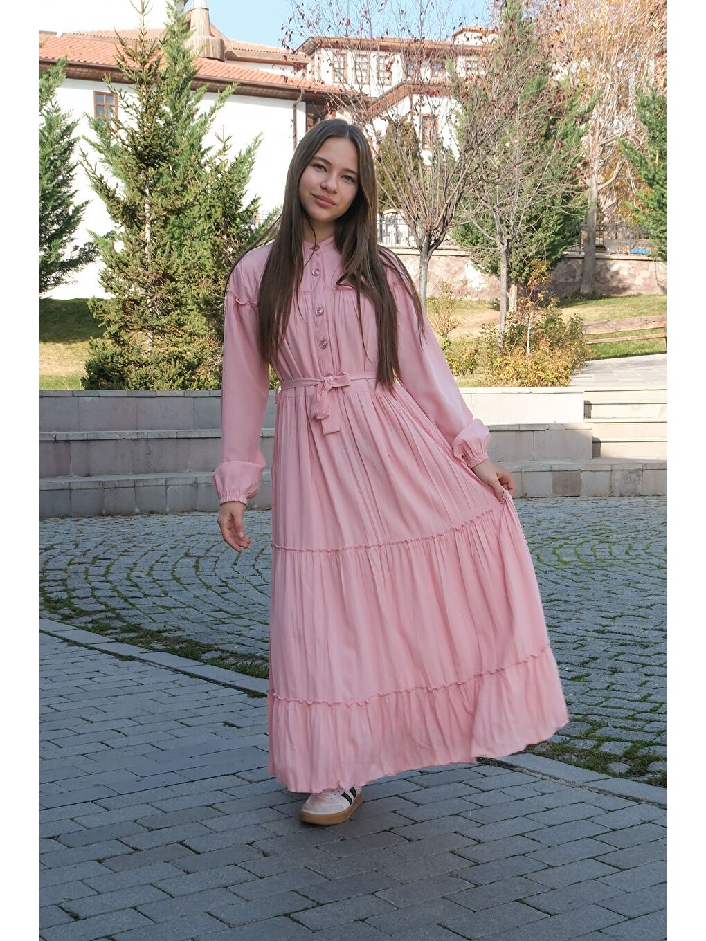 Pembe Kolları Büzgülü Kuşaklı Kız Çocuk Uzun Elbise 23399-2