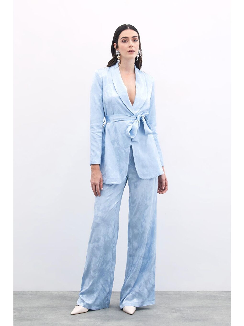 Jakarlı Bol Paça Pantolon - Bebe Mavi-3