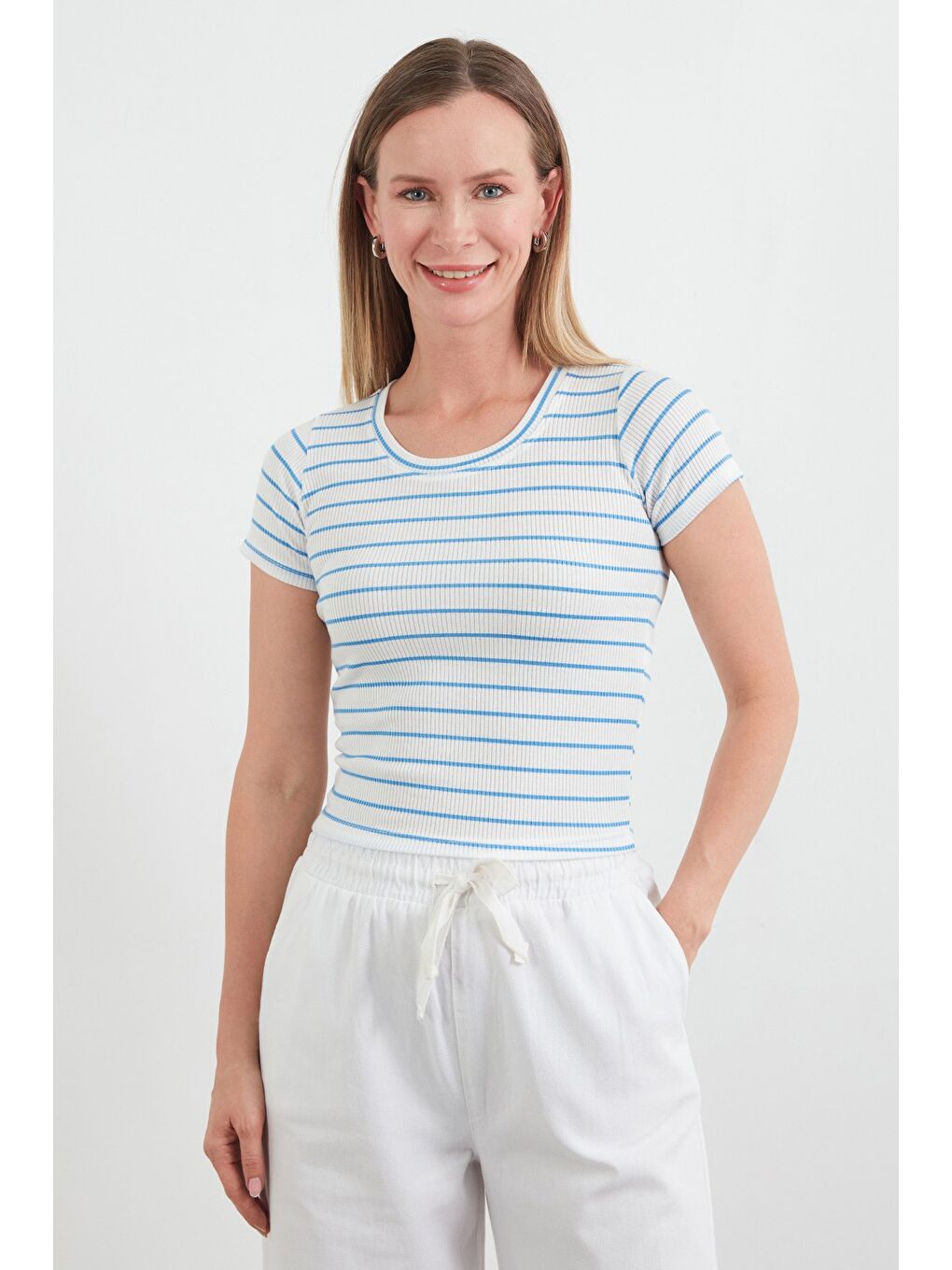 Mavi Basic Çizgili Fitilli Tişört