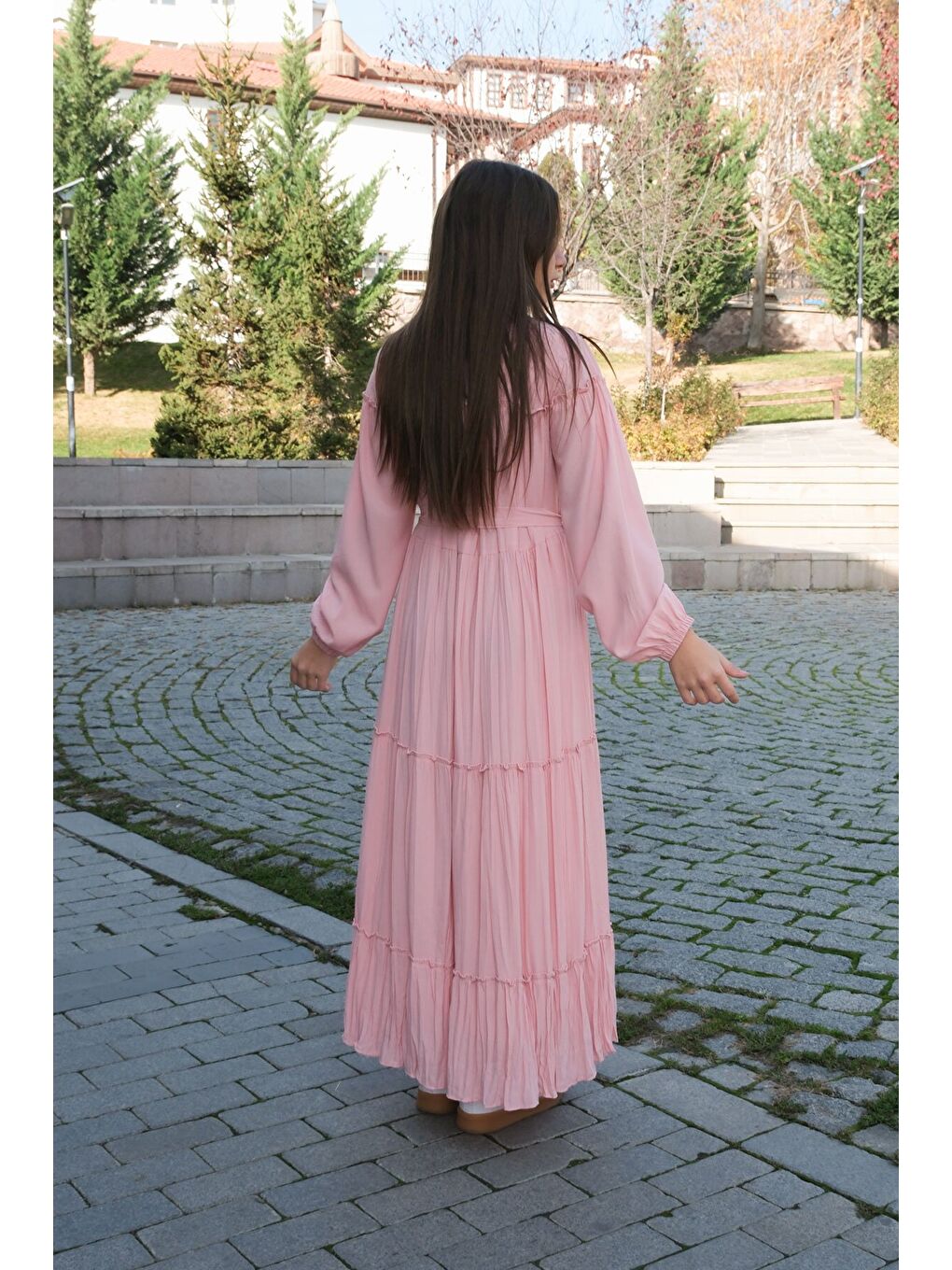 Pembe Kolları Büzgülü Kuşaklı Kız Çocuk Uzun Elbise 23399-3