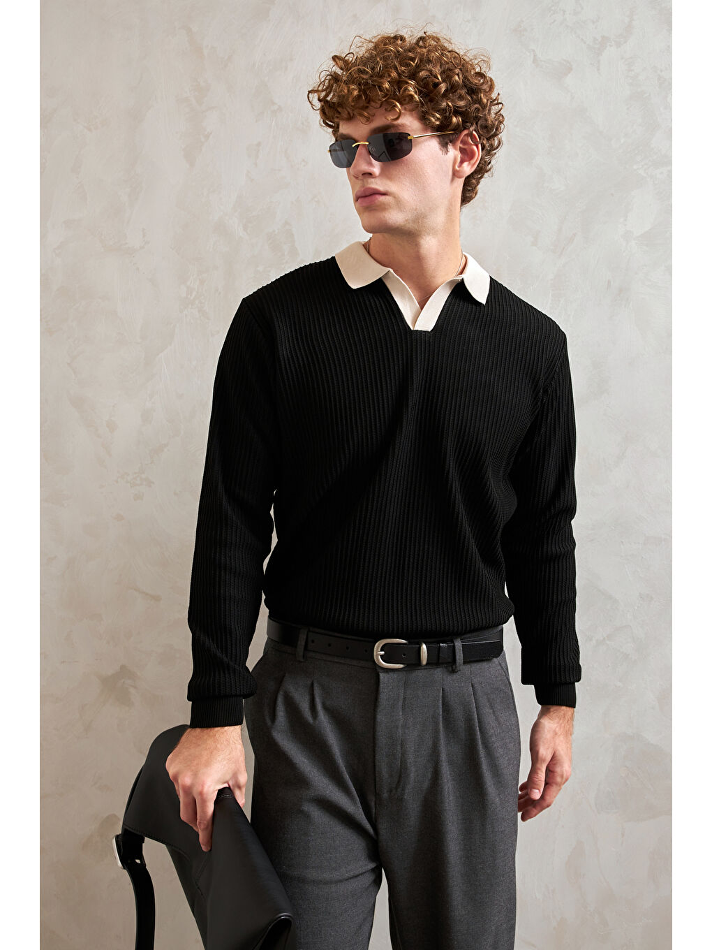 Siyah Erkek Polo Yaka Nopeli Oversize Triko Kazak-2