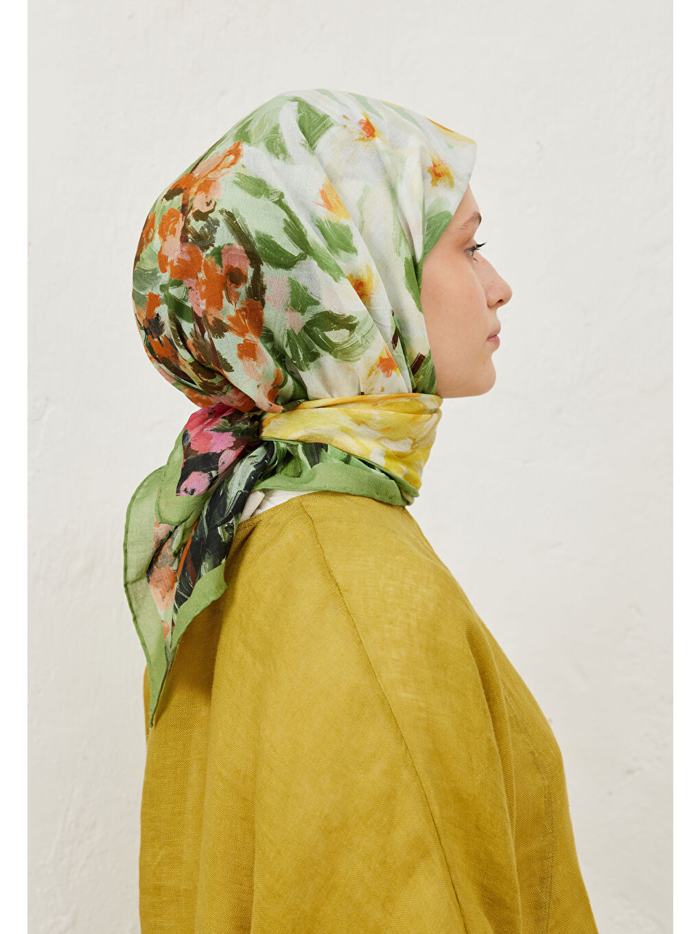 Yeşil Sprıng Flora Desen Pamuk Vual Eşarp Orman-2