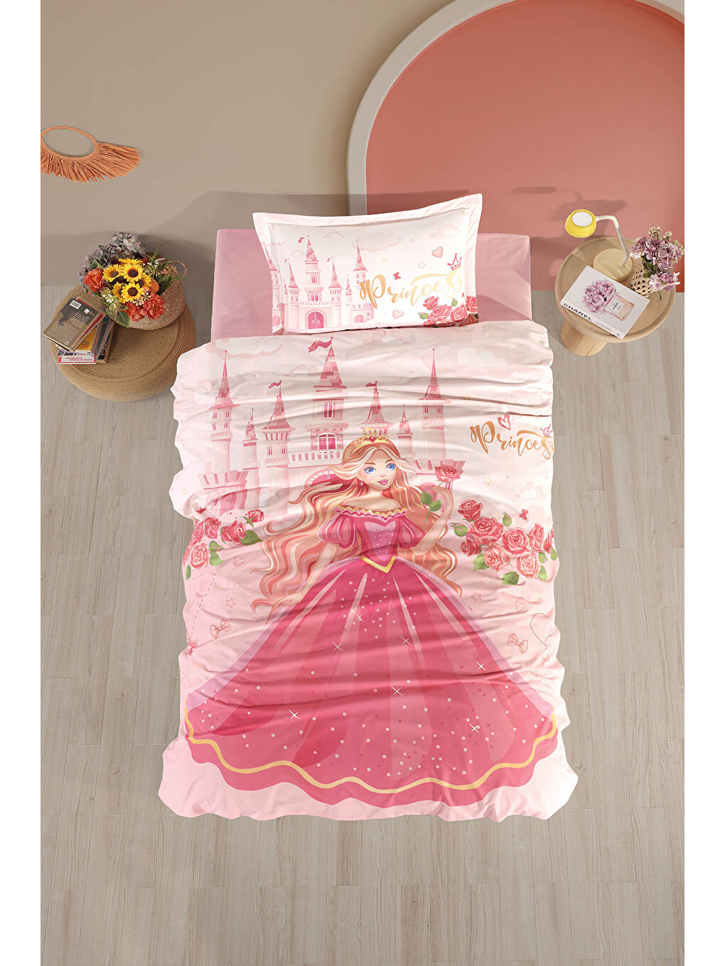 Pembe %100 Pamuk Nevresim Takımı Tek Kişilik Princess V1-2